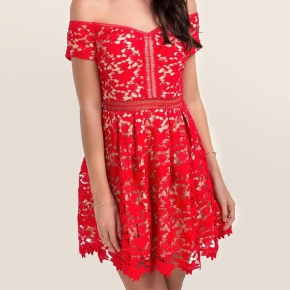 Red Beverly Off The Shoulder Crochet Lace A line Mini Dress - Picture 8 of 8